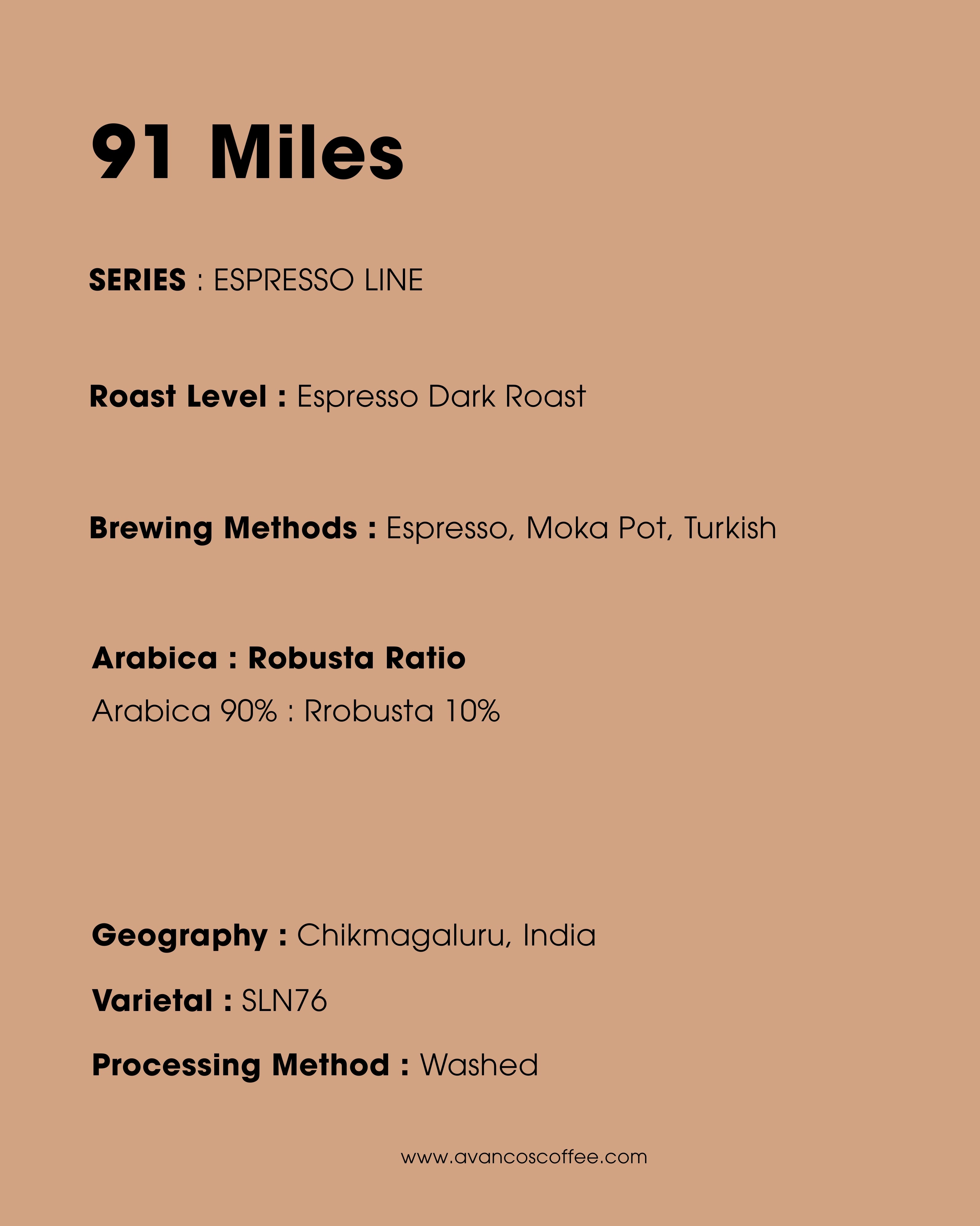 91 Miles - ESPRESSO ROAST - 90% ARABICA, 10% ROBUSTA