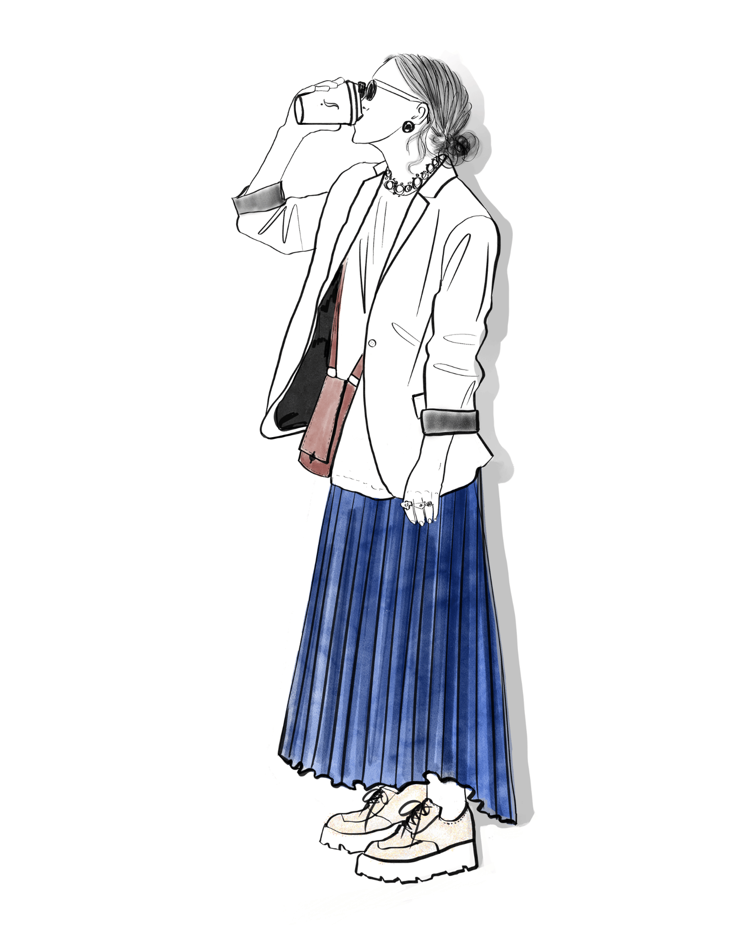 Illustration of a person wearing a white blazer, blue pleated skirt, and beige shoes, holding a phone.
