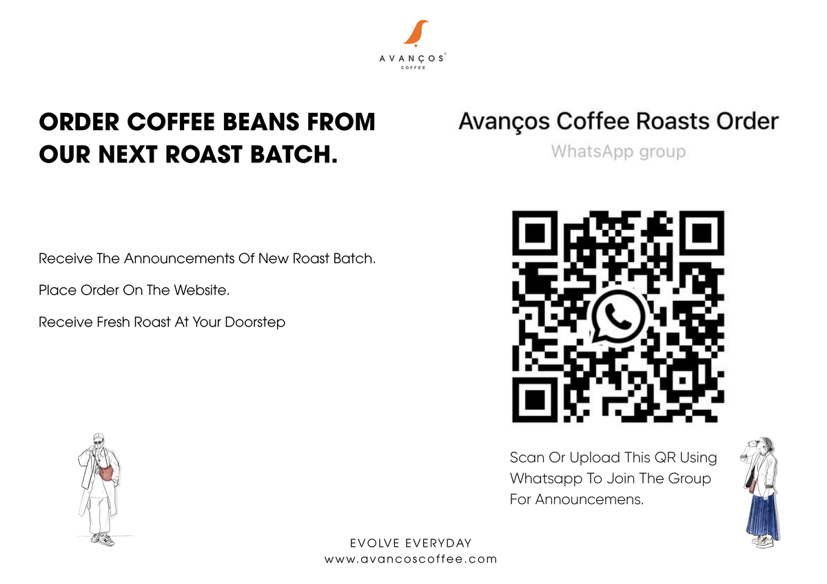Promotional graphic for Avancos Coffee Roasts ordering information, featuring bold black text, a large QR code, website URL, and small line drawings of people on a white background.
